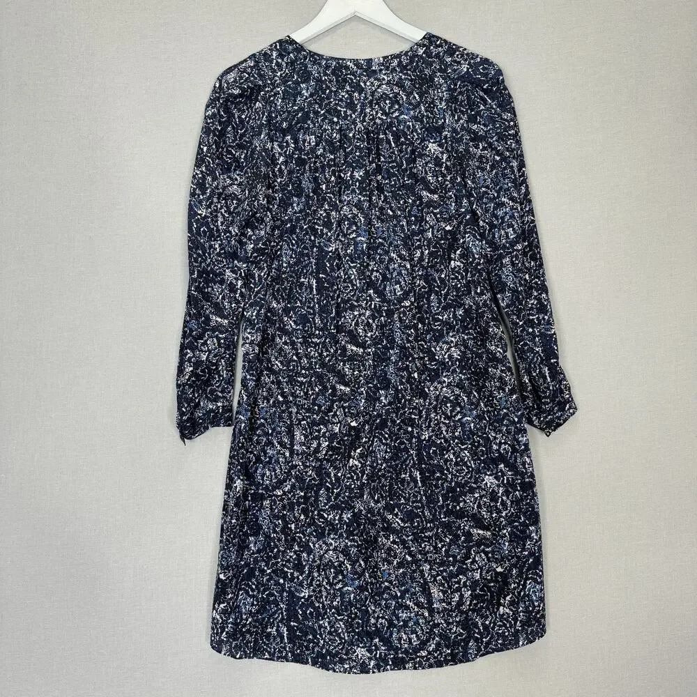 Rebecca Taylor 100% Silk Dress Womens 2 Blue Printed Cinched Tassel Puff‎ Sleeve